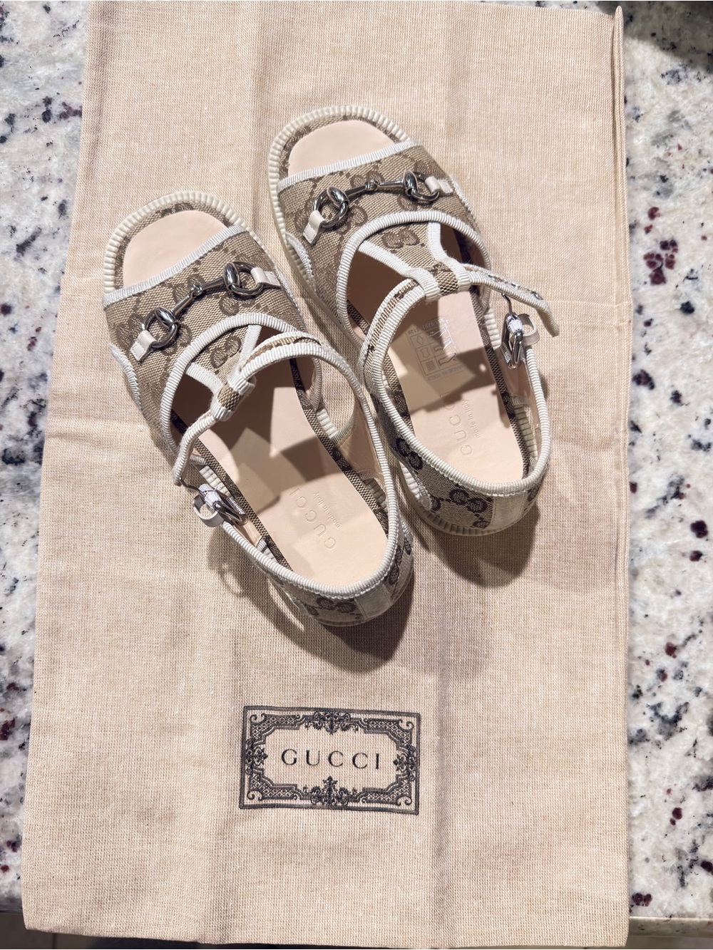 Gucci Beige GG Canvas Slingback Sandals with Silver Horsebit Hardware
